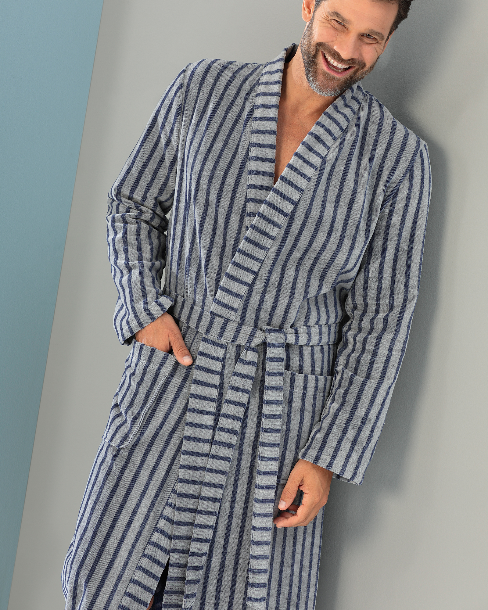 Cawö Bademäntel Herren Kimono Streifen 5505 denim - 17
