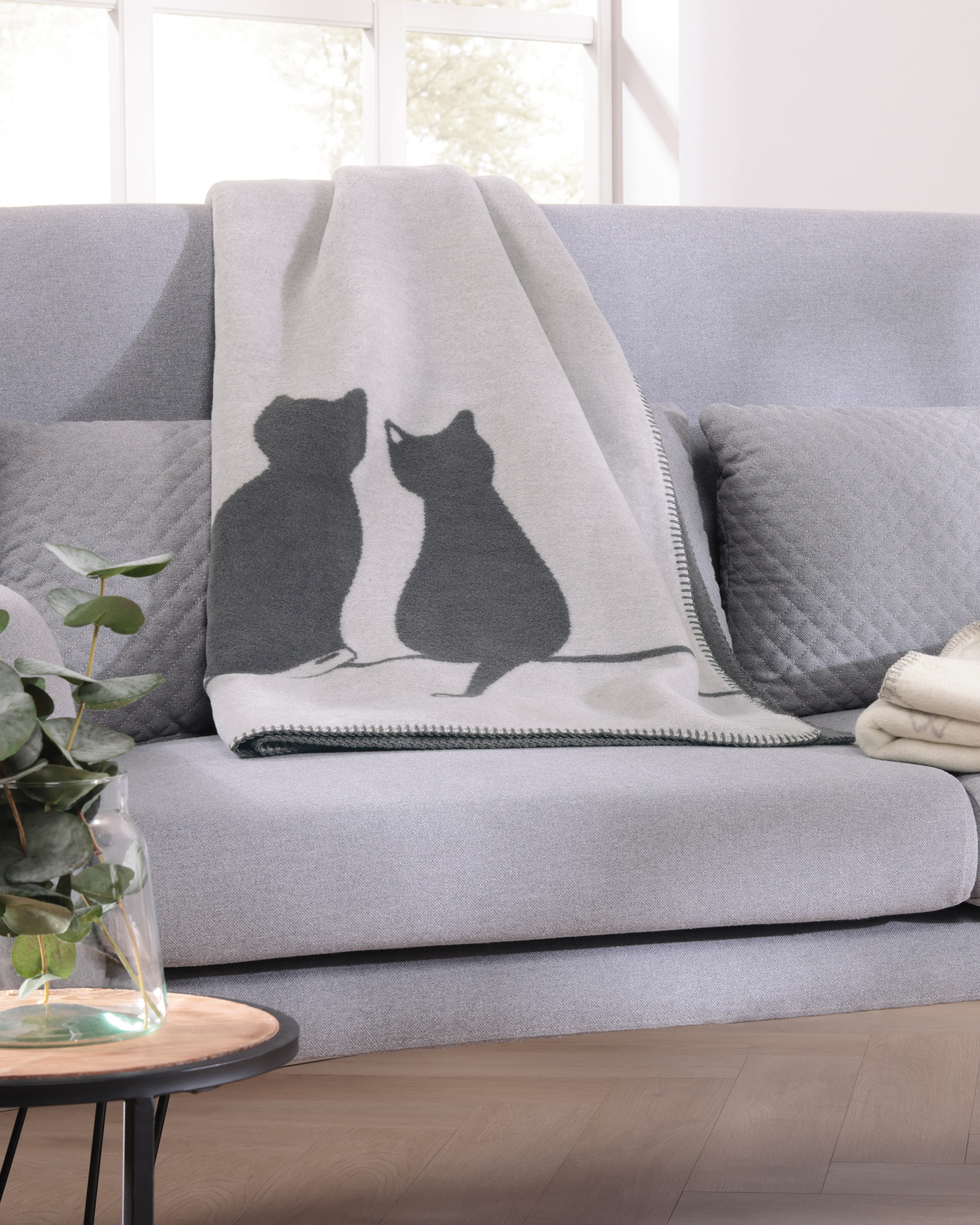 Cawö Wohndecken CUTE CATS EDITION You & Me 62630 stein/anthrazit - 70 - 150x200 cm
