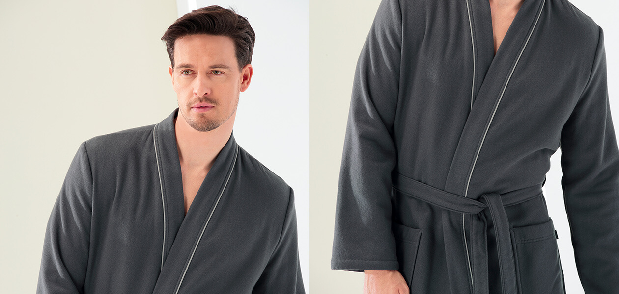 Cawö Herren Bademantel Kimono 2605 - Farbe: anthrazit - 753 L Detailbild 2 Cawö Herren Bademantel Kimono 2605 - Farbe: anthrazit - 753 L Detailbild 2